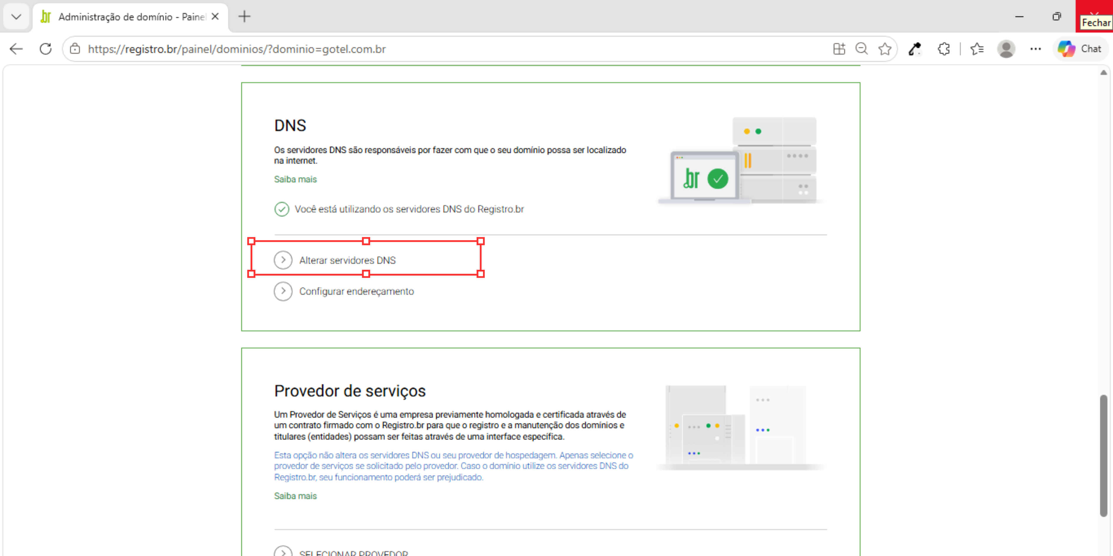página de alteração de DNS do registro.br