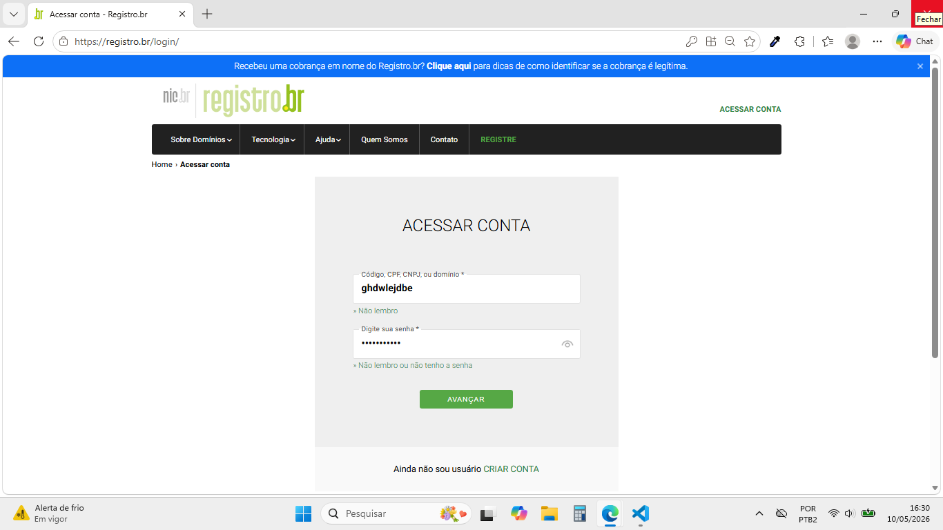 página de login do site registro.br