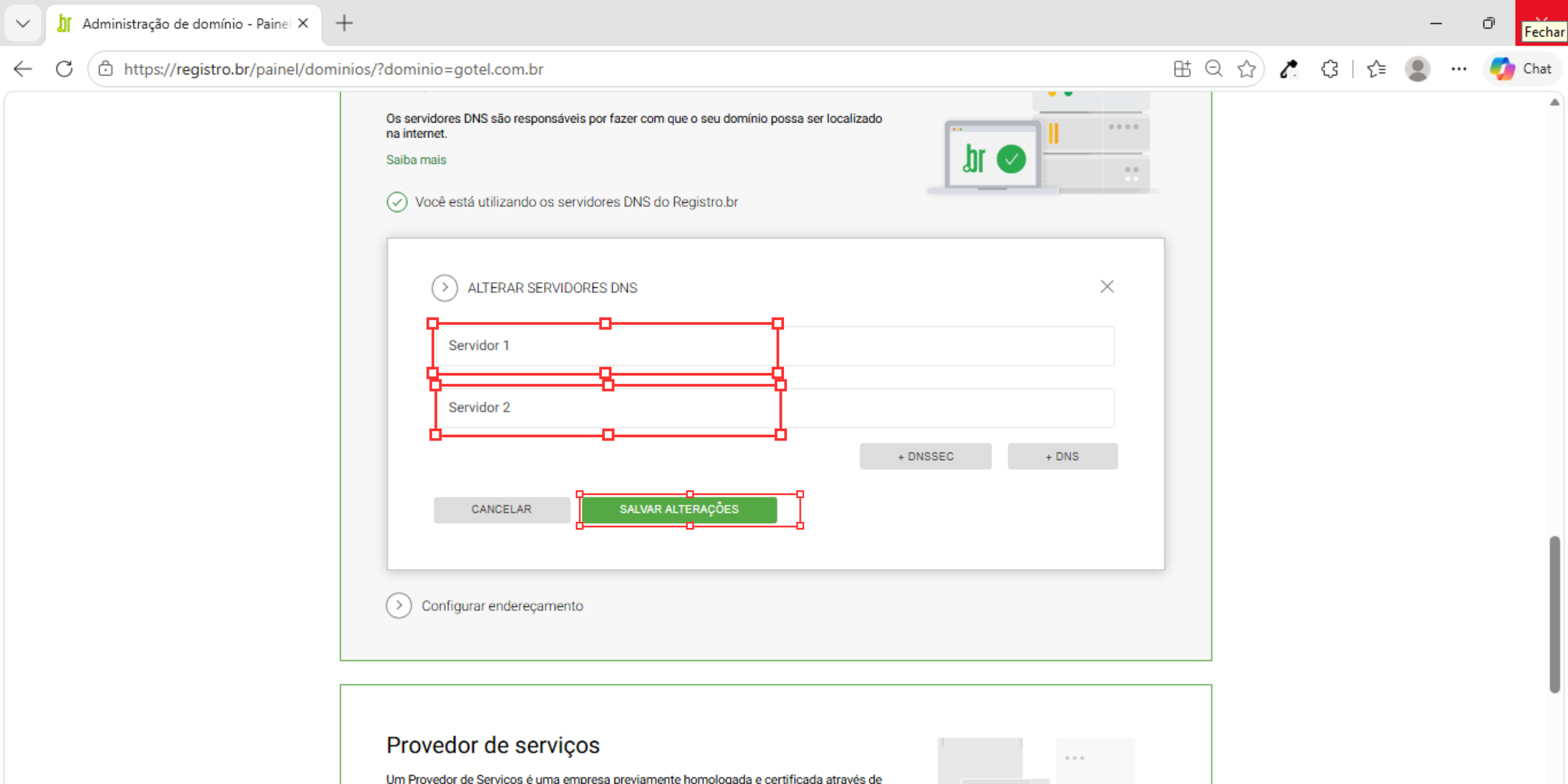 pop-up de alteração de DNS do registro.br